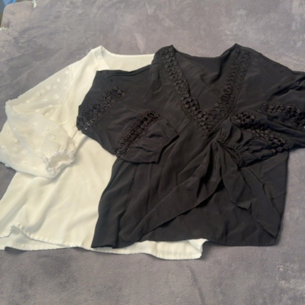 SHEIN Curve Top Women XL Black White Lace Trim Set 2 Piece Boho Casual Blouse